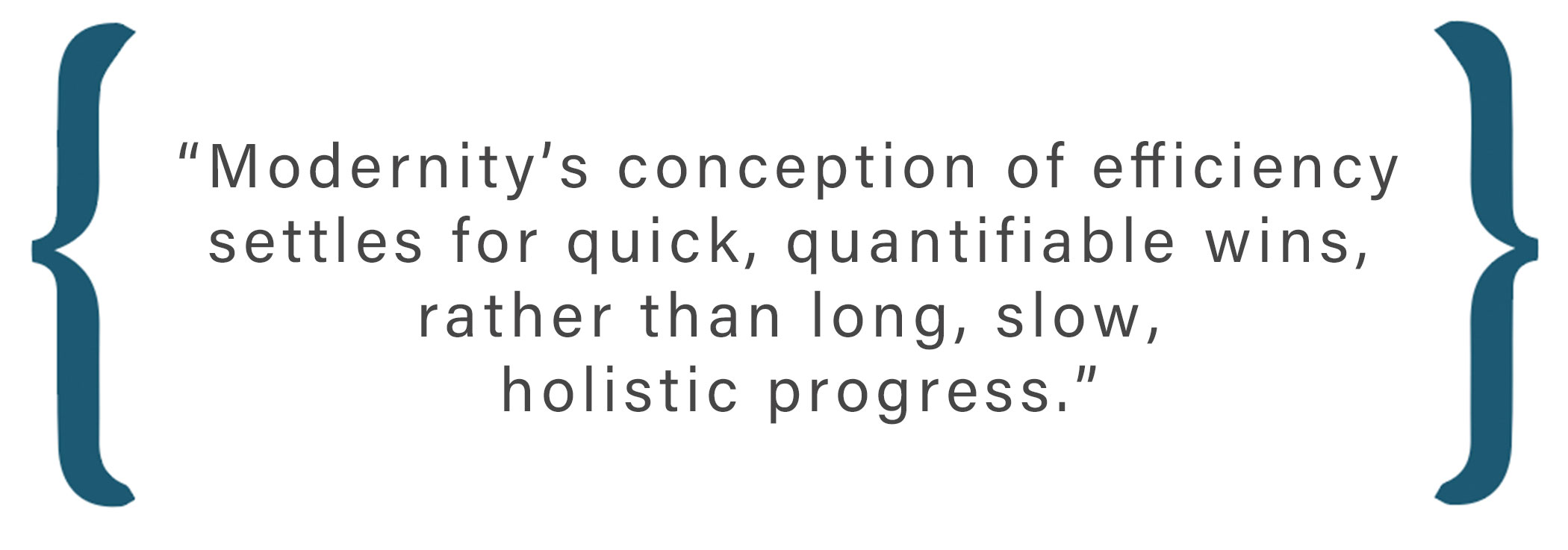 Text box: Modernity’s conception of efficiency settles for quick, quantifiable wins, rather than long, slow, holistic progress.