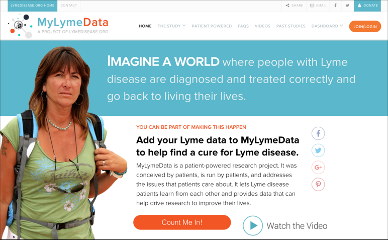 Image shows a screenshot from the MyLymeData homepage. There is a woman standing to the left of text that reads "Imagine a world" in bold typeface.