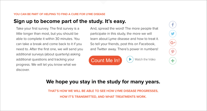 Image is a screenshot of the MyLymeData website showing a page where users can sign up to be part of the study by clicking on an orange button that says "Count Me In!"