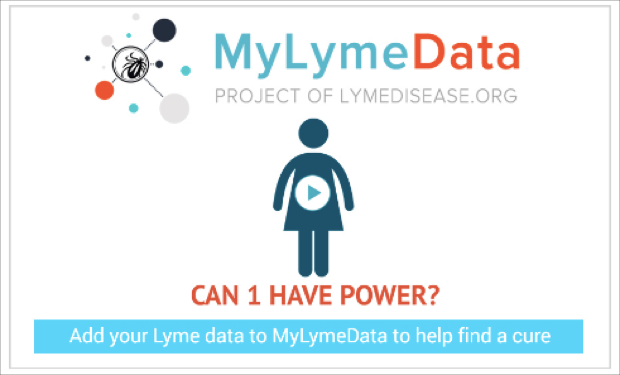Image is a screenshot from the MyLymeData website showing a still image to a video with "Can 1 Have Power?" written in orange text. Underneath in a bright blue banner is the text "Add your Lyme data to MyLymeData to help find a cure".
