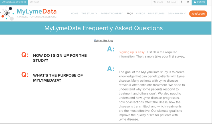 Image is a screenshot from the MyLymeData FAQ webpage. It shows two questions "How do I sign up for the study" and "What's the purpose of MyLymeData" on the lefthand side of the page, and the questions' corresponding answers on the righthand side. 