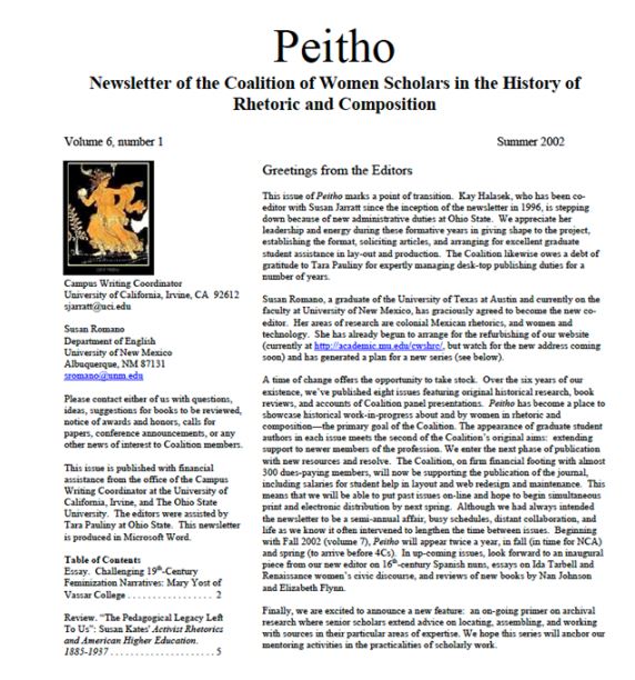 Figure 2: The cover page of the Summer 2002 Peitho Newsletter, featuring Susan Romano as the new co-editor. Image description: a newsletter screenshot with a two-column layout and a centered headline reading “Peitho: Newsletter of the Coalition of Women Scholars in the History of Rhetoric and Composition.” On the next line, “Volume 6, number 1” and “Summer 2002.” On the left is a color image of the goddess Peitho