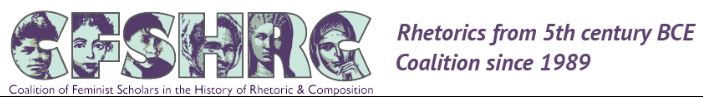 Figure 2: Header from the Coalition’s website, reflecting the 2016 name change. Image description: Screen shot of the current website header for the CFSHRC, with the name in block letters, and each letter containing the line drawing of a feminist historical figure. The accompanying tag line reads “Rhetorics from the 5th century BCE; Coalition since 1989.”