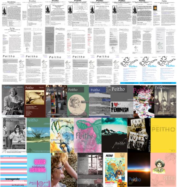 Figure : Every cover or first page of Peitho, from 1996 to Winter 2022. Forty-six vertical rectangular screenshots of the Peitho covers in a grid