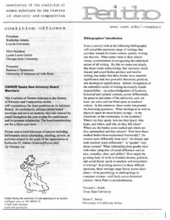 Figure 3: The cover page of the Spring 2005 issue of the Peitho Newsletter featuring an introduction to Victoria Smith’s and Susan Jarratt’s “Women, Gender, Writing, Rhetoric” bibliography. Image description: a screenshot of the newsletter with a two-column layout. The left column at the top has the “newsletter of the coalition of women scholars in the history of rhetoric and composition” in all lowercase, and on the right at the top, Peitho in large retro typewriter font. In the left column is a list of the Coalition officers and a line drawing of the goddess Peitho. In the right column is the bibliographers’ introduction.