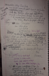 Figure 11. Image description: a photograph of notebook paper with notes. Some words and phrases are scribbled out, and lines and arrows are drawn to indicate moving some words from one place to another.  