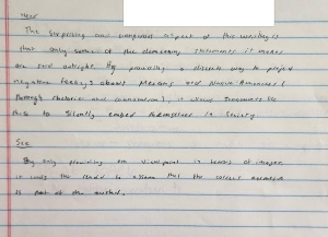 Figure 5. Image description: a photograph of a sheet of notebook paper with notes written in black ink: a section at the top with the heading “Hear” and notes underneath, and a section in the lower half with the heading “See” and notes underneath. 