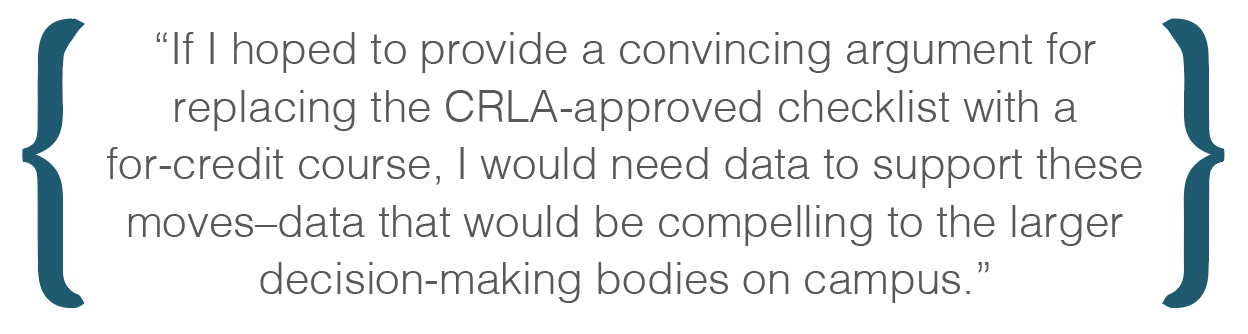 Text box: If I hoped to provide a convincing argument for replacing the CRLA-approved checklist with a for-credit course, I would need data to support these moves�data that would be compelling to the larger decision-making bodies on campus.