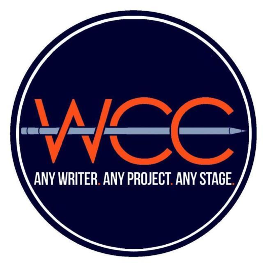 Whitworth Composition Commons logo and motto sticker. A 2 diameter circle. Navy blue with white and orange accents.