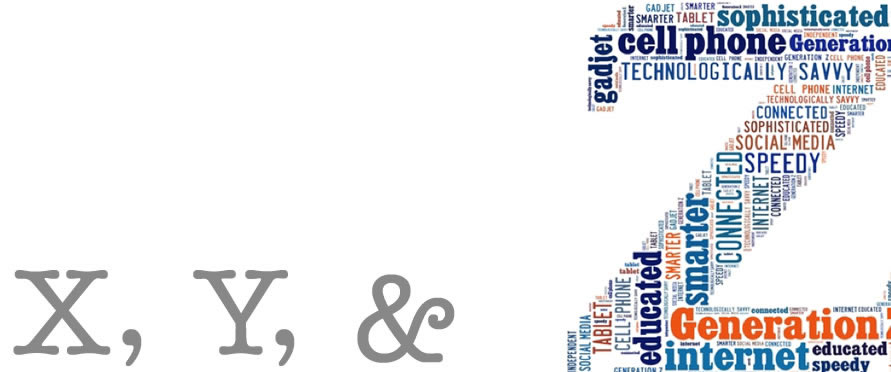 The letters X, Y, and Z, with the Z made of words representing Generation Z.