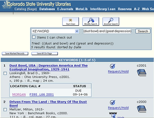 Screen shot of SAGE keyword search