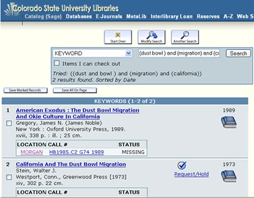 Screen shot of SAGE keyword search