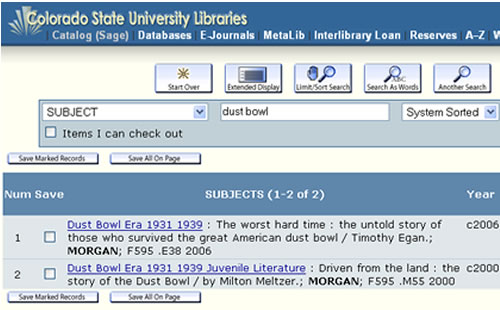 Screen shot of SAGE subject search