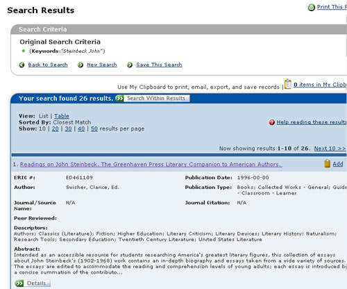 Screen shot of ERIC database