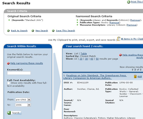 Screen shot of ERIC database