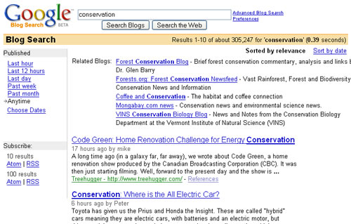 Screen shot of Google Blog Search