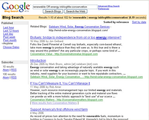 Screen shot of Google Blog Search