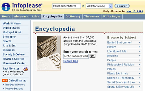 Screen shot of InfoPlease website