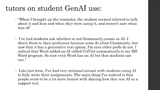 Figure showing quotes from tutors on student GenAI use in the writing centre. 