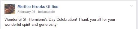 Facebook post reading "Wonderful St. Hermione's day celebration. Thank you all for your wonderful spirit and generosity."