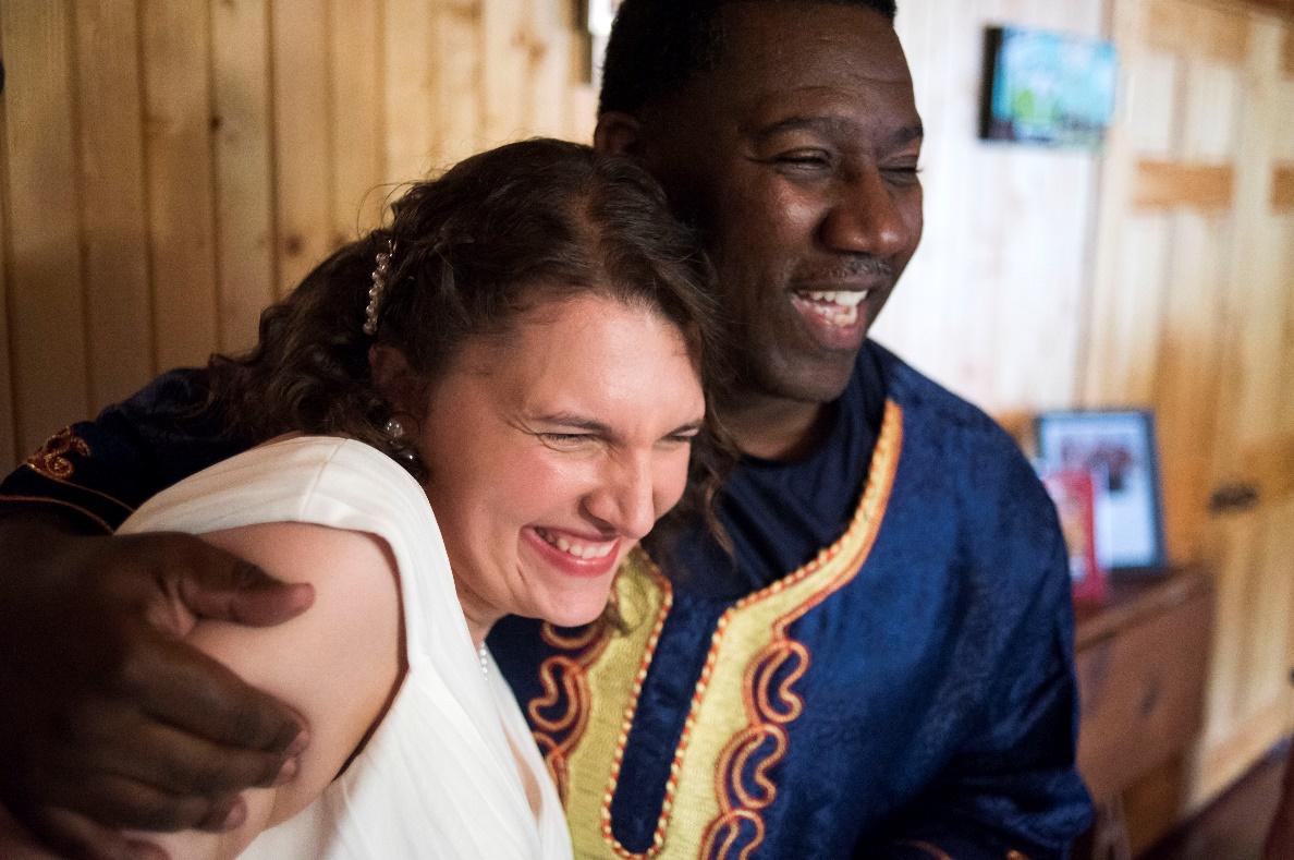 The author being embraced by her father-in-law