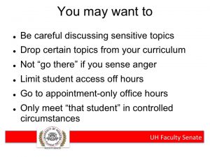 Bullet points advising faculty how to adjust behavior to avoid confrontation with gun-carrying students.